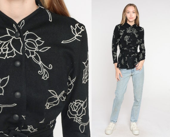 Floral Peplum Blouse Y2k Black Wool Button Up Top Boho Gothic Rose Flower Print Long Sleeve Belted Formal Modest Hippie Vintage 00s Small S