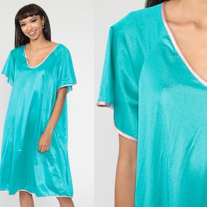 Turquoise Nylon Nightgown Lingerie Ringer Pajama Nightie 70s Midi Slip Dress Tent Pajama Dress 1970s Vintage Extra Large xl