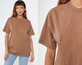 Brown Shirt Plain Cotton TShirt 90s Single Stitch Tee Short Sleeve T Shirt Retro Tee Vintage 1990s Basic Neutral Earth Tone Top Medium