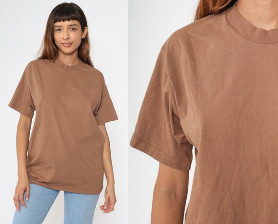 Brown Shirt Plain Cotton TShirt 90s Single Stitch Tee Short Sleeve T Shirt Retro Tee Vintage 1990s Basic Neutral Earth Tone Top Medium