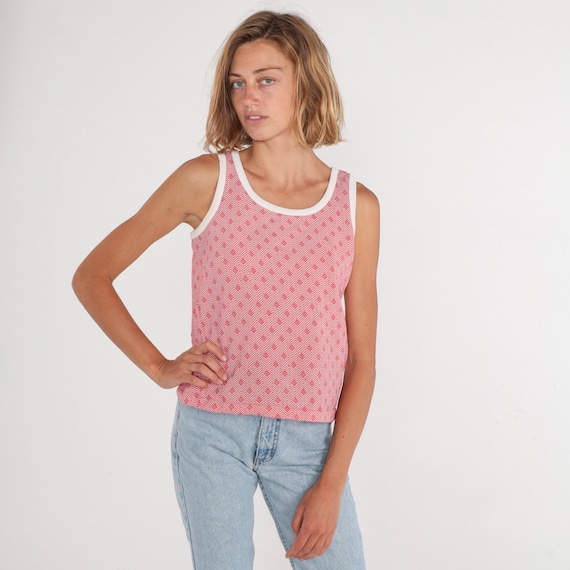 70s Tank Top Red White Ringer Tee Geometric Print Sleeveless Shirt Retro T-Shirt Seventies Sporty Summer Vintage 1970s Small xs