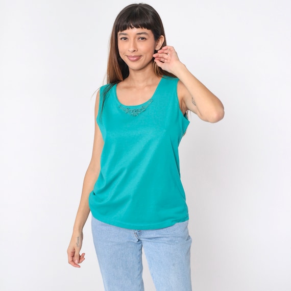 Teal Tank Top 90s Floral Lace Trim Sleeveless Shirt Plain Retro Basic Simple Blouse Blue-Green Casual Top Vintage 1990s Medium