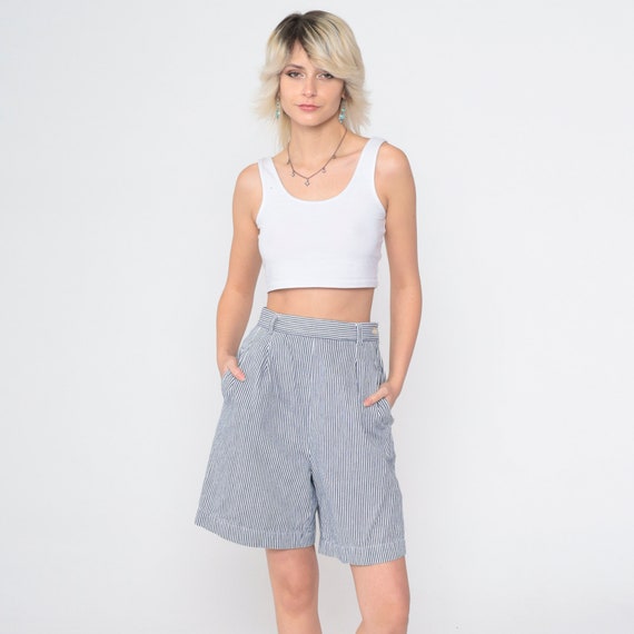 Striped Shorts 90s Pinstripe Trouser Shorts White Blue Retro High Waisted Rise Preppy Pleated Relaxed Wide Leg Shorts Vintage 1990s Small 26