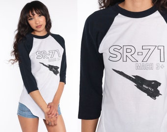 Vintage Airplane Tshirt Lockheed SR-71 Blackbird Shirt Ringer Tee 80s Tshirt Fighter Plane Shirt Jet White Retro T Shirt 1980s Graphic Small