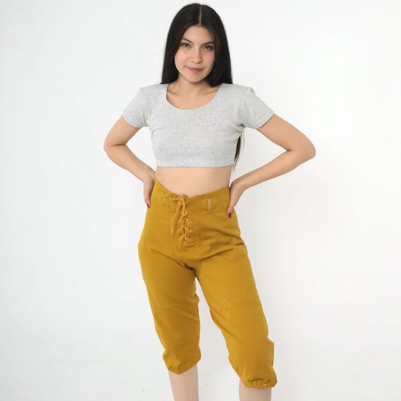 Vintage Football Pants 60s Mustard Gold Lace Up Front Cropped Sand Knit Padded Athletic Knickers 1960s Sportswear Uniform Medium