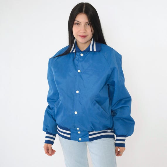 Vintage  90s Blue Bomber Jacket Gregory Electric Uniform Snap Up Windbreaker Baseball Coat Retro Striped Trim 1990s Medium M