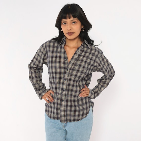 60s Sir Pendleton Wool Plaid Shirt Navy Brown Button Front Long Sleeve Check Flannel Grunge Dark Academia Menswear Boyfriend Vintage Small S