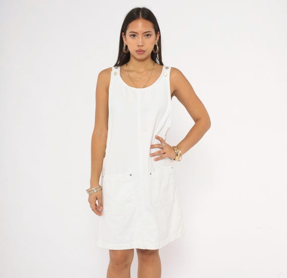 90s White Denim Jumper Dress Sleeveless Cotton Shift Knee Length Patch Pocket Cream Pinafore Tank Vintage Minimal Summer Sundress Small S