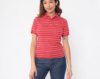 Red Polo Shirt 80s Striped Snap Button Up Collared Shirt White Short Sleeve TShirt Retro Preppy Streetwear Top Vintage 1980s Extra Small xs