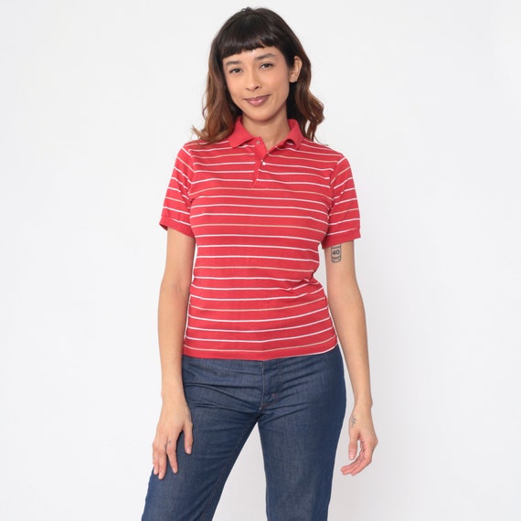 Red Polo Shirt 80s Striped Snap Button Up Collared Shirt White Short Sleeve TShirt Retro Preppy Streetwear Top Vintage 1980s Extra Small xs