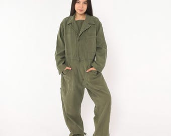 80s Army Coveralls Olive Cotton Jumpsuit Button Front Mechanic Flight Suit Military Green Utility Workwear Boilersuit  Vintage Medium M