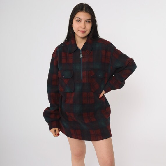 90s Plaid Shacket Badge Green Burgundy Black Buffalo Check Zip Up Lumberjack Workwear Grunge Flannel Shirt Jacket Outdoor Camping Medium M
