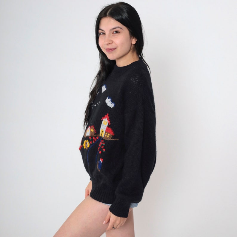 80s Lilly of California Sweater Vintage Country Village Novelty Print Black Knit House Cloud Pullover Jumper Kawaii 1980s Sweater Medium image 4