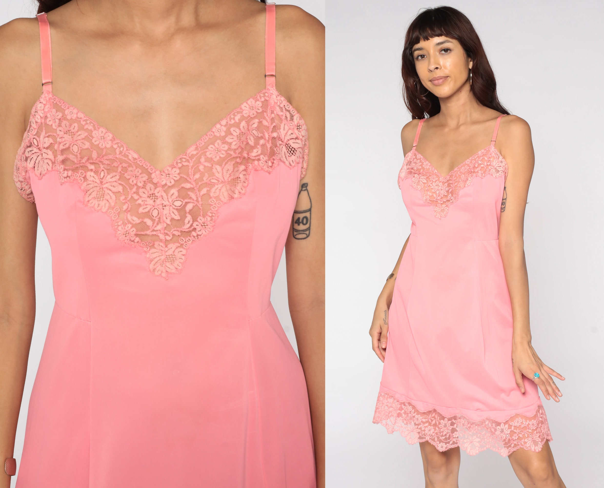 Pink Slip Dress 70s Nightgown Lingerie 