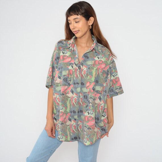 Abstract Floral Blouse 90s Button Up Shirt Flower Print Short Sleeve Collared Top Chest Pockets Retro Boho Grey Pink Green 990s Vintage 3xl