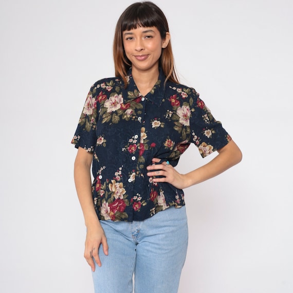 Navy Blue Floral Blouse 90s Button Up Shirt Retro Short Sleeve Collared Top Flower Print Casual Hippie Summer Rayon Vintage 1990s Medium M