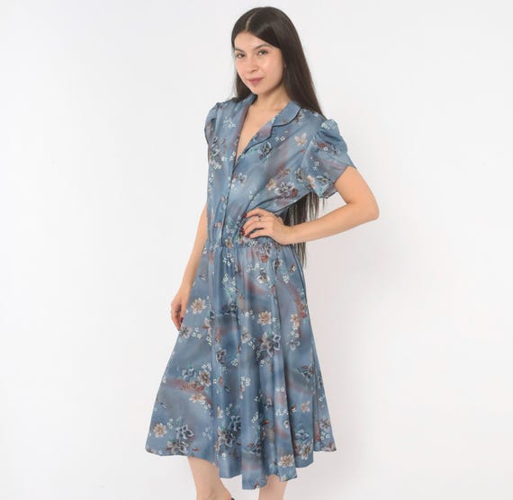 70s Floral Shirtdress Slate Blue Puff Sleeve Button Front Notched Collar Elastic Waist Midi Prairie Cottage Core Flower Print Vintage Large