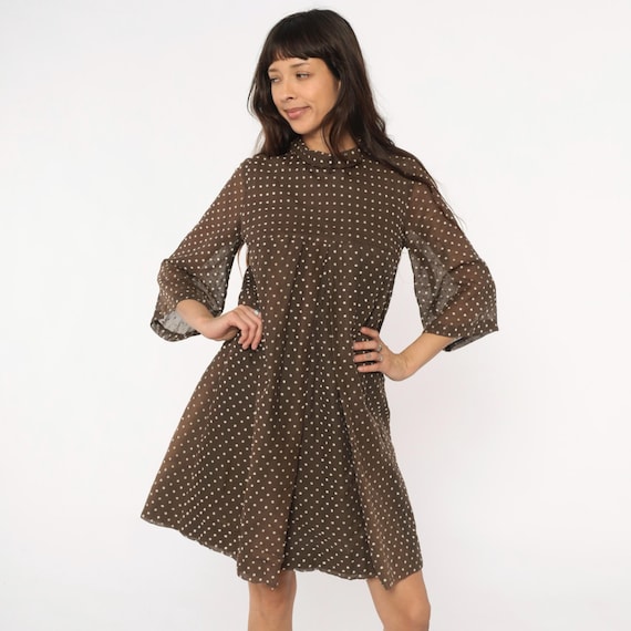 60s Polka Dot Dress Brown White Peter Pan Collar Bell Sleeve Shift Mod Button Front Chocolate Cotton Go Go Vintage Day Dress Small S