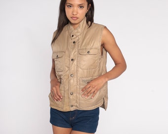 Tan Ski Vest 80s Puffer Vest Retro Puffy Sleeveless Jacket Snap Up Nylon Polyester Fill Skiwear Winter Layering Vintage 1980s Mens Medium M