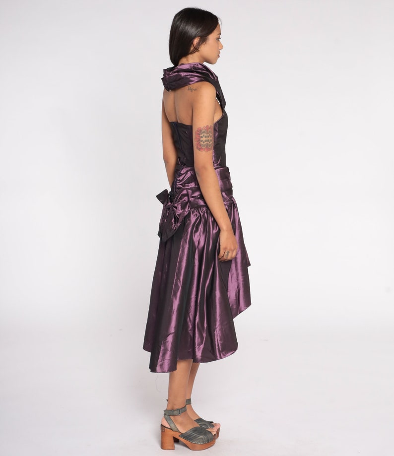 Purple Taffeta Dress 90s Party Dress High Low Full Skirt Prom Dress Retro Bow Halter V Neck Cocktail Formal Vintage 1990s Extra Small XS image 4