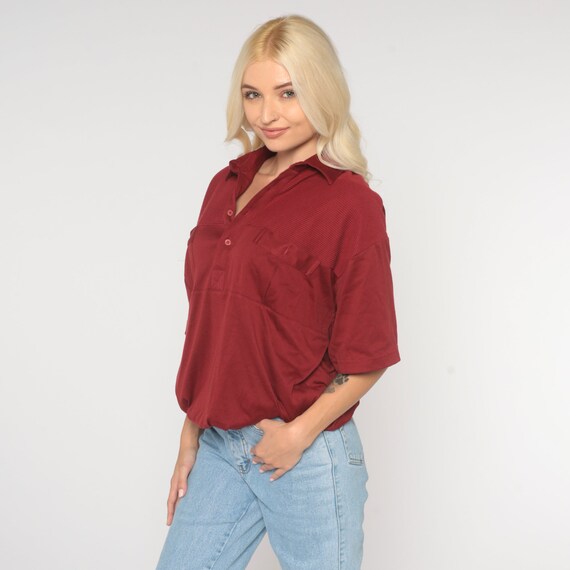 Burgundy Polo Shirt -- Vintage 80s Half Button Up Shirt Banded Hem Top Collared 1980s Slouch Short Sleeve Nerd Geek Pocket Shirt Large L