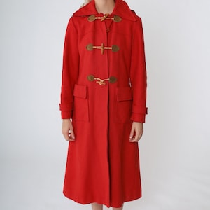 Red Hooded Coat 70s Wool Peacoat Toggle Button up Trench Pea Coat Long Jacket Warm Winter Trenchcoat Hood Elbow Patches Vintage 1970s Small image 8
