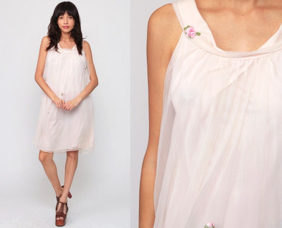 Lingerie Set with Robe NIGHTGOWN + JACKET Set Nylon Lingerie Babydoll Mini 70s Nightie Pin Up Beige Vintage Medium