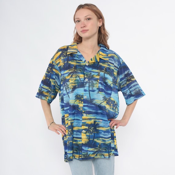 Y2K Hawaiian Shirt Mesh Blue Yellow Palm Tree Tropical Print Short Sleeve Beach Resort Vacation Summer Island Scenic Cruise Casual Large L