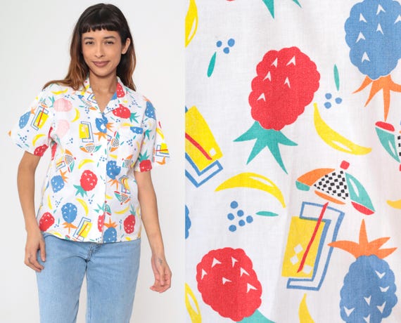 80s Hang Ten Blouse Hawaiian Pineapple Shirt Tropical Fruit Cocktail Print Button-Up Top Summer Novelty Print Vintage Medium