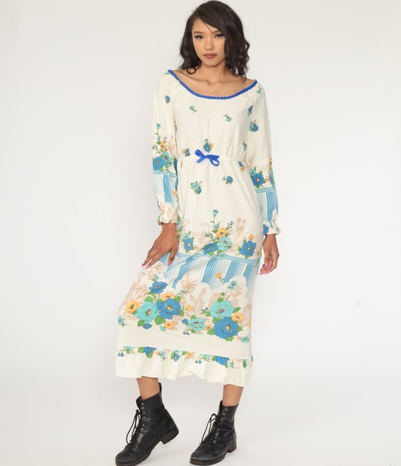 70s Bohemian Dress Floral PEASANT Dress Boho Midi… - image 3