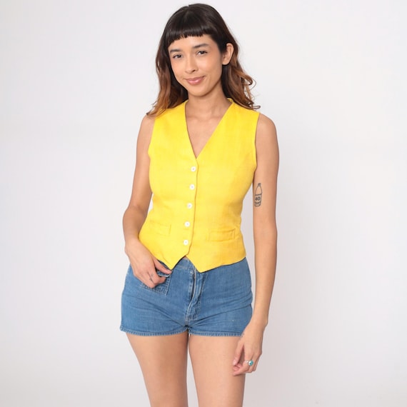 60s Yellow Vest V Neck Sleeveless Waistcoat Lord Taylor Vintage Mod Style Preppy Pockets Tailored Classic Work Office Golden Bright Small S