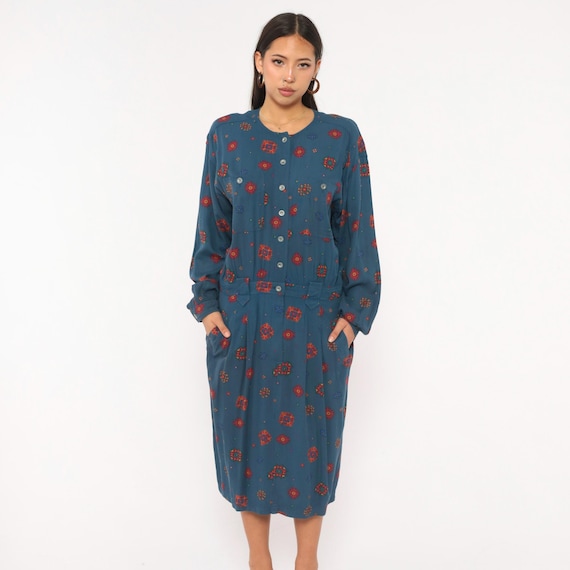 90s Geometric Folk Dress Liz Claiborne Button Front Navy Blue Long Sleeve Midi Southwestern Drop Waist Tribal Pattern Vintage Extra Large XL