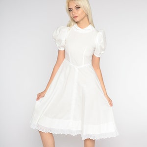 White Peasant Dress 70s Puff Sleeve Day Dress Eyelet Trim High Basque Waist Peter Pan Collar A Line Cottagecore Vintage 1970s Extra Small xs