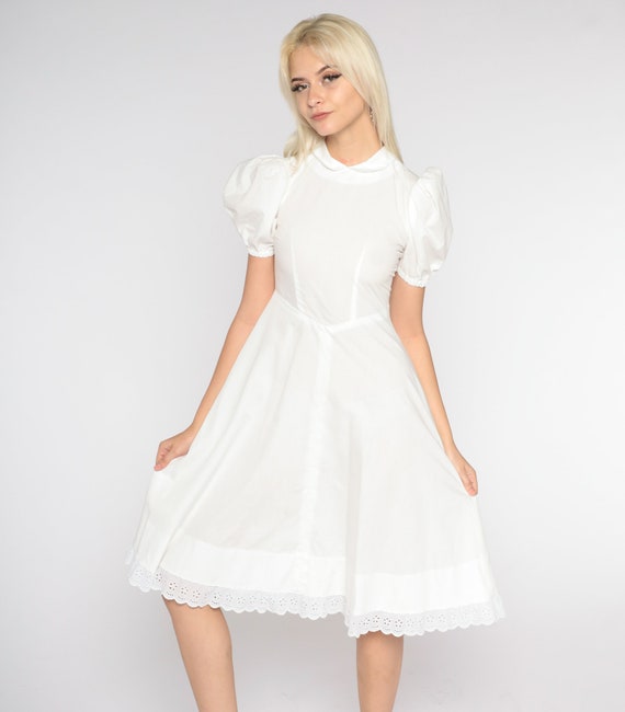 White Peasant Dress 70s Puff Sleeve Day Dress Eyelet Trim High Basque Waist Peter Pan Collar A Line Cottagecore Vintage 1970s Extra Small xs