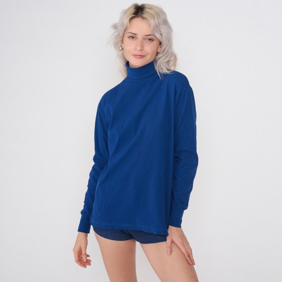 Navy Blue Turtleneck Shirt 70s Long Sleeve Top Basic Funnel Neck Simple Plain Tshirt Mod Retro Layering T-Shirt Solid Vintage 1970s Medium M
