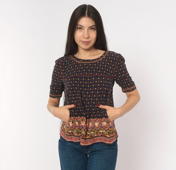 Y2K Bohemian Embroidered Top Tan Blouse Colorful Cross Stitch Hem Folk Art Shirt Button Back Hippie Style Holding Horses  Extra Small XS
