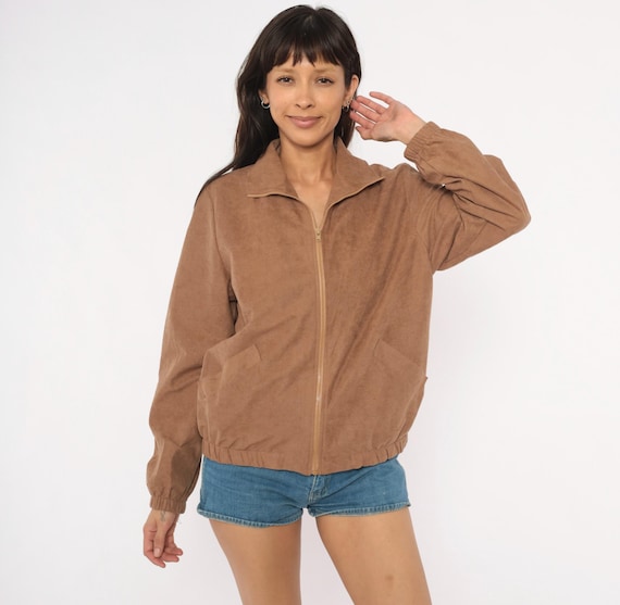 90s Tan Faux Suede Bomber Blair Zip Harrington Collar Jacket Camel Sand Windbreaker Coat Casual Athletic Jogging Running Minimal Vintage