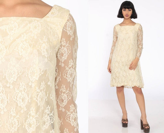 Mod Lace Dress 60s Mini Cream Party Cocktail 1960s Boho Hippie Wedding Vintage Shift Bow Back Sheer Long Sleeve Extra Small xs