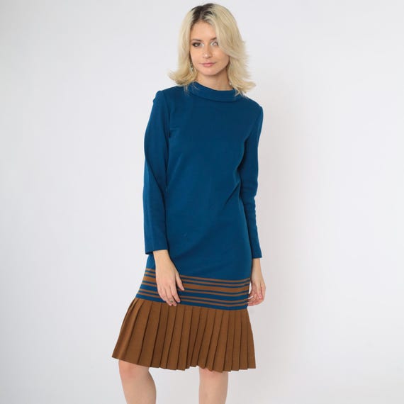Vintage 1960s Mod Dress Dark Blue Wool Blend Drop Waist Pleated Scooter Dress Brown Striped Space Age 60s Midi Gogo Long Sleeve Twiggy Small