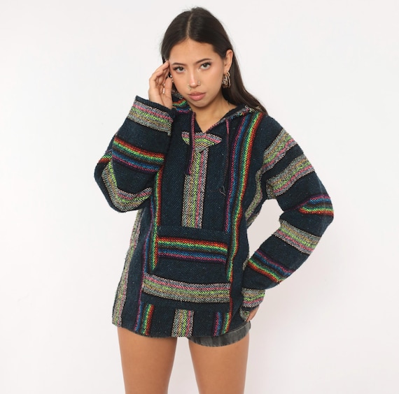 90s Baja Hoodie Navy Rainbow Stripe Drug Rug Mexican Long Sleeve  Cotton Kangaroo Pocket Hood Neon Surf Skate Hippie Unisex Vintage Medium M