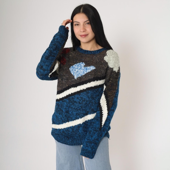 80s Geometric Sweater Blue Space Dye Knit Striped Jumper 1980s Vintage Brown Color Block Ringer Pullover Acrylic Small S