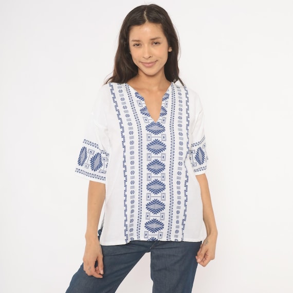 Blue Embroidered Blouse White Cotton Mexican Bohemian Geometric Folk Top V Neck Pullover Woven Cream Print Cottagecore Prairie Shirt Large L