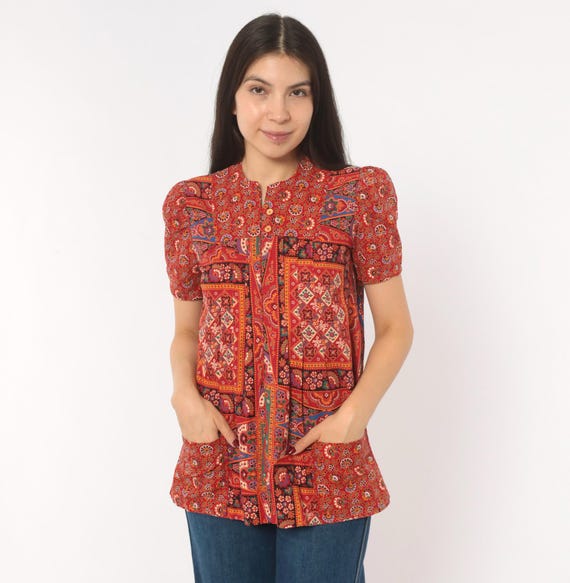70s Paisley Patchwork Blouse Red Orange Mandarin Collar Cotton Short Sleeve Button Front Floral Folk Print Tunic Shirt Top Extra Small XS