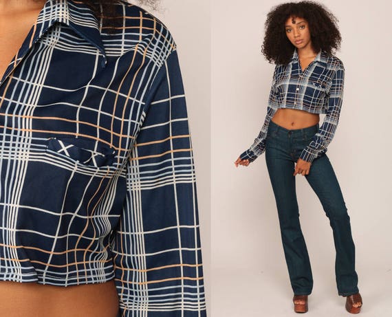 Crop Top 70s Shirt Button Up Blouse Long Sleeve Checkered Plaid Shirt Dark Blue Cropped Shirt 1970s Button Up Vintage Medium