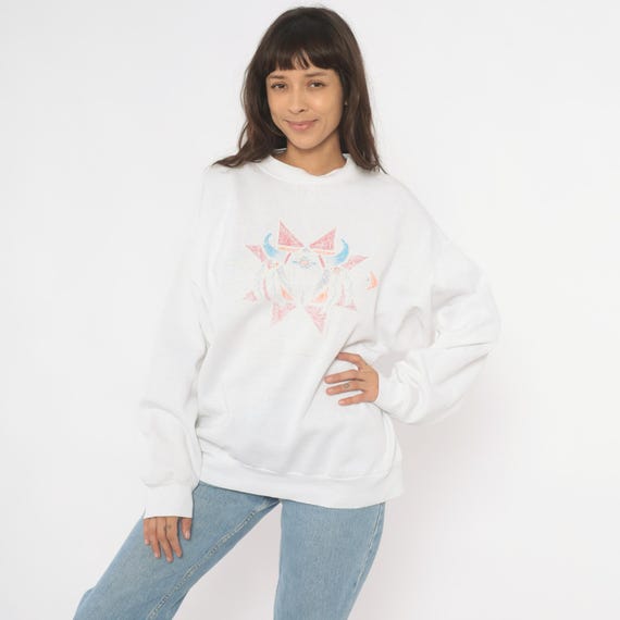 Southwestern Sweatshirt 90s Cow Skull Print White Pastel Red Blue Faded Distressed Western Tribal Cotton Pullover Vintage Extra Large XL