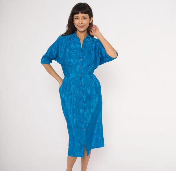 Cobalt Jacquard Shirtdress 80s Midi Blue Brushstroke Half Sleeve Cinched Waist Side Pocket Vintage Joni Blair Women Office Dress Small S