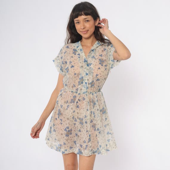 50s Floral Dress Blue Cream Cottagecore Button Front Collar Short Sleeve Mini Sheer Elastic Waist Fit Flare Vintage Small Medium S M