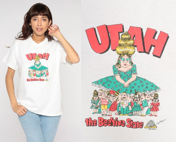 Utah T Shirt 90s Beehive State Shirt Retro Tourist Graphic Tee Single Stitch Funny Joke Cartoon Print Shirt USA Vintage 1990s Medium Large