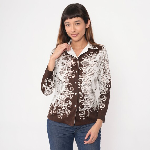 70s Swirl Shirt Brown Abstract Plaid Disco Button Up Shirt Baroque Dagger Collar Hippie Boho Top Vintage 1970s Collared Long Sleeve Small