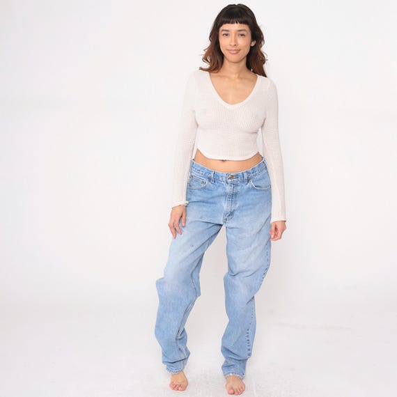 90s Carhartt Jeans Light Wash Denim Straight Leg Relaxed Fit Cotton Workwear Distressed Faded Grunge Vintage Blue Streetwear 34x36 Large L
